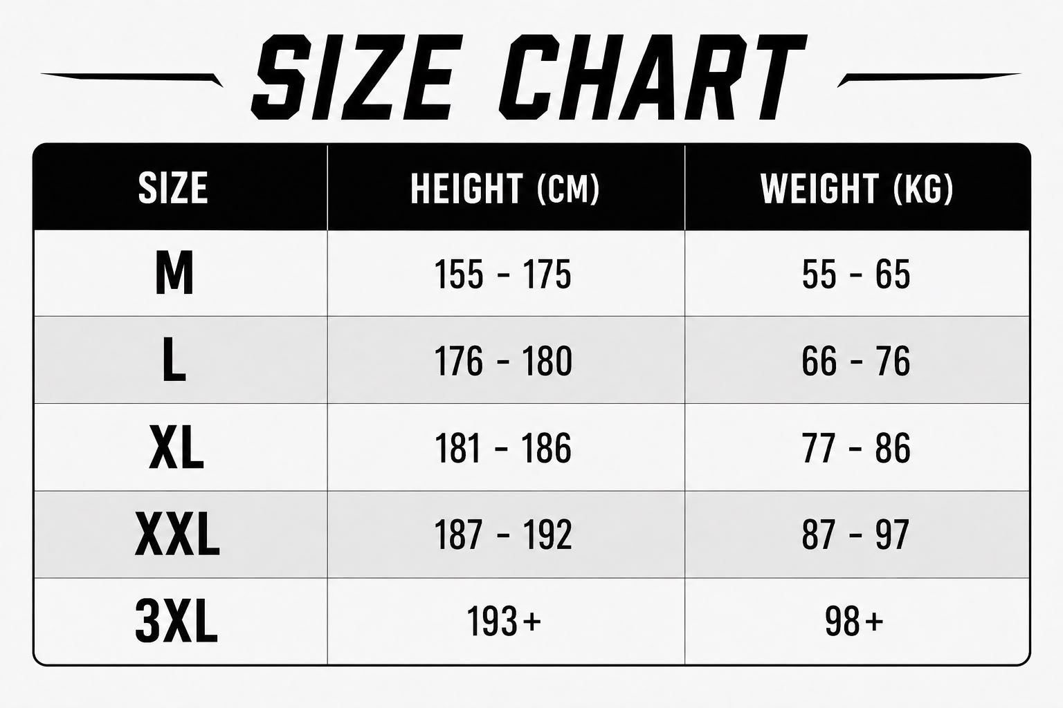 Size chart for ADVANCED ANUBIX TANK TOP