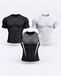 APEX Rotation Trio — BLACK SHORT SLEEVE V1 APEX COMPRESSION and WHITE SHORT SLEEVE V1 APEX COMPRESSION and BLACK TANK TOP V2 APEX COMPRESSION. 3D product mockup.