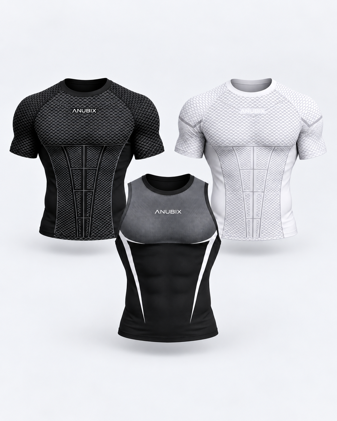 APEX Rotation Trio — BLACK SHORT SLEEVE V1 APEX COMPRESSION and WHITE SHORT SLEEVE V1 APEX COMPRESSION and BLACK TANK TOP V2 APEX COMPRESSION. 3D product mockup.