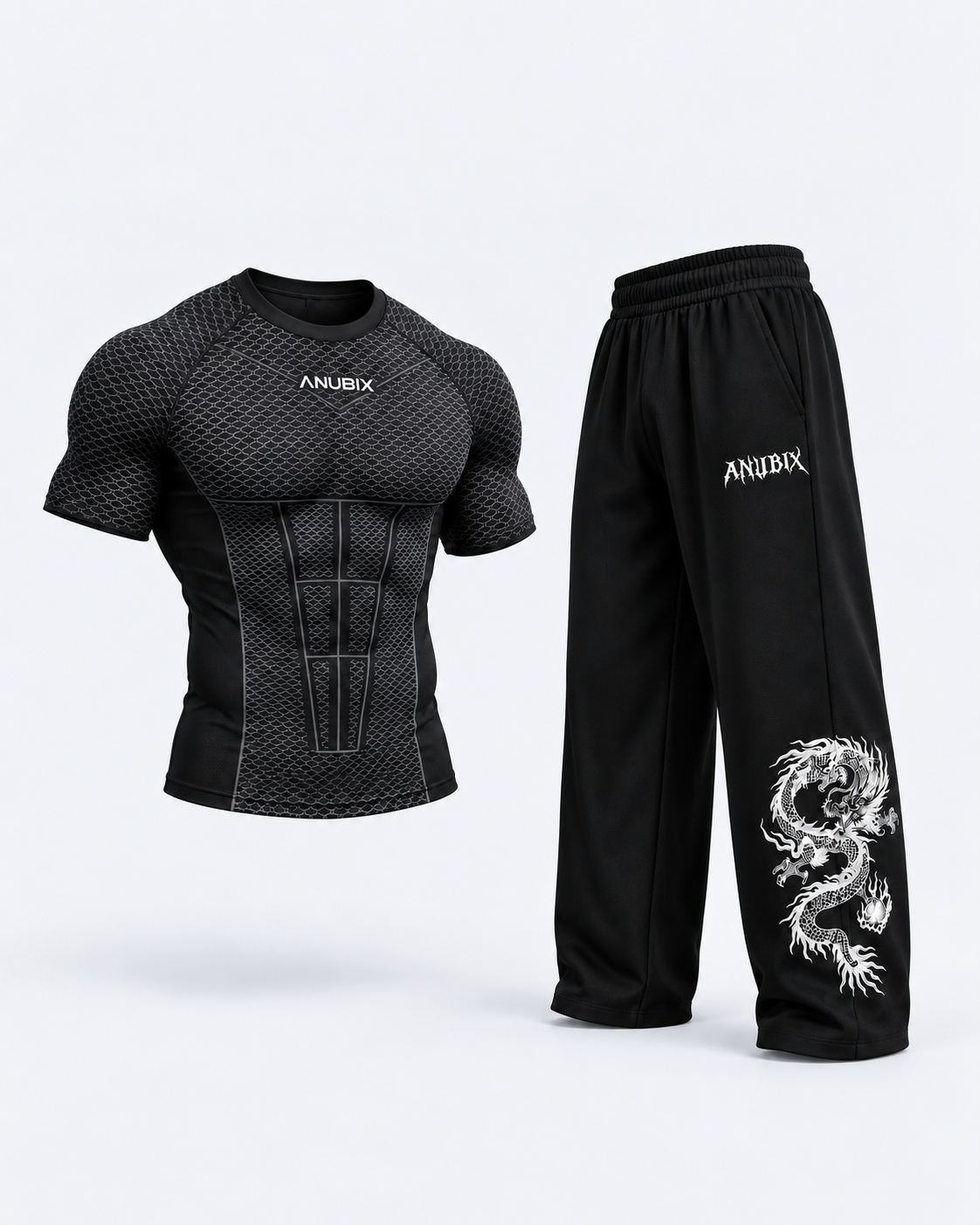 APEX Shadow Bundle — BLACK SHORT SLEEVE V1 APEX COMPRESSION and SHADOW PANT. 3D product mockup.