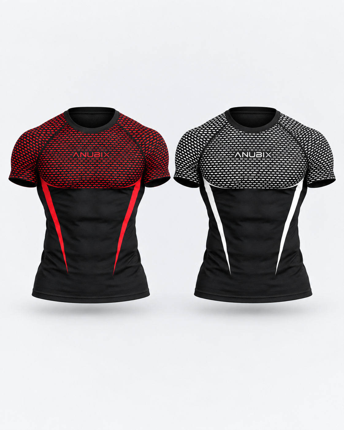 ANUBIX APEX V2 Duo: RED APEX V2 SHORT SLEEVE COMPRESSION, WHITE APEX V2 SHORT SLEEVE COMPRESSION. 3D ghost mannequin bundle mockup.