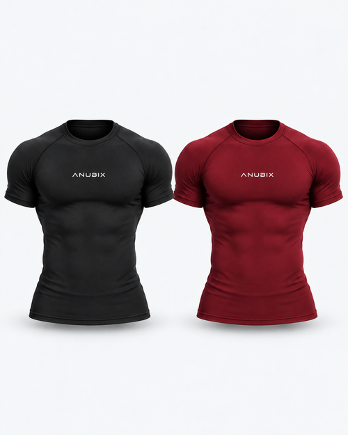 Black & Dark Red Basic Tee Duo — muscular 3D mockups of all included tees