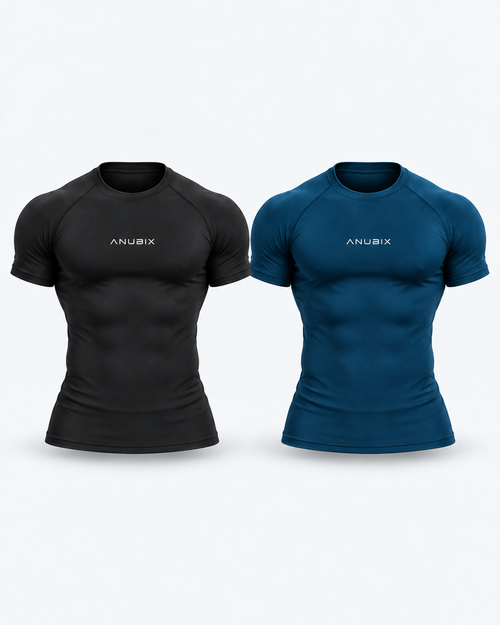 Black & Petrol Basic Tee Duo — muscular 3D mockups of all included tees