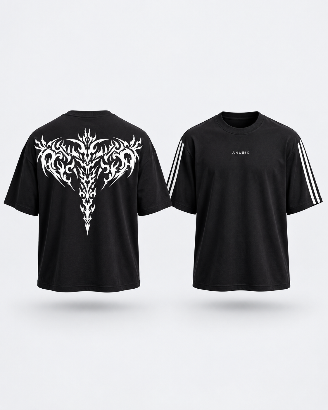 ANUBIX Black Street Duo: BLACK SHADOW REAPER OVERSIZED Tee, STRIPED BLACK SHIRT. 3D ghost mannequin bundle mockup.