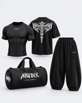 ANUBIX Blackout Complete Kit: BLACK SHORT SLEEVE V1 APEX COMPRESSION, BLACK SHADOW REAPER OVERSIZED Tee, BLACK BALLOON FIT PANT, ANUBIX BASIC BAG. 3D ghost mannequin bundle mockup.
