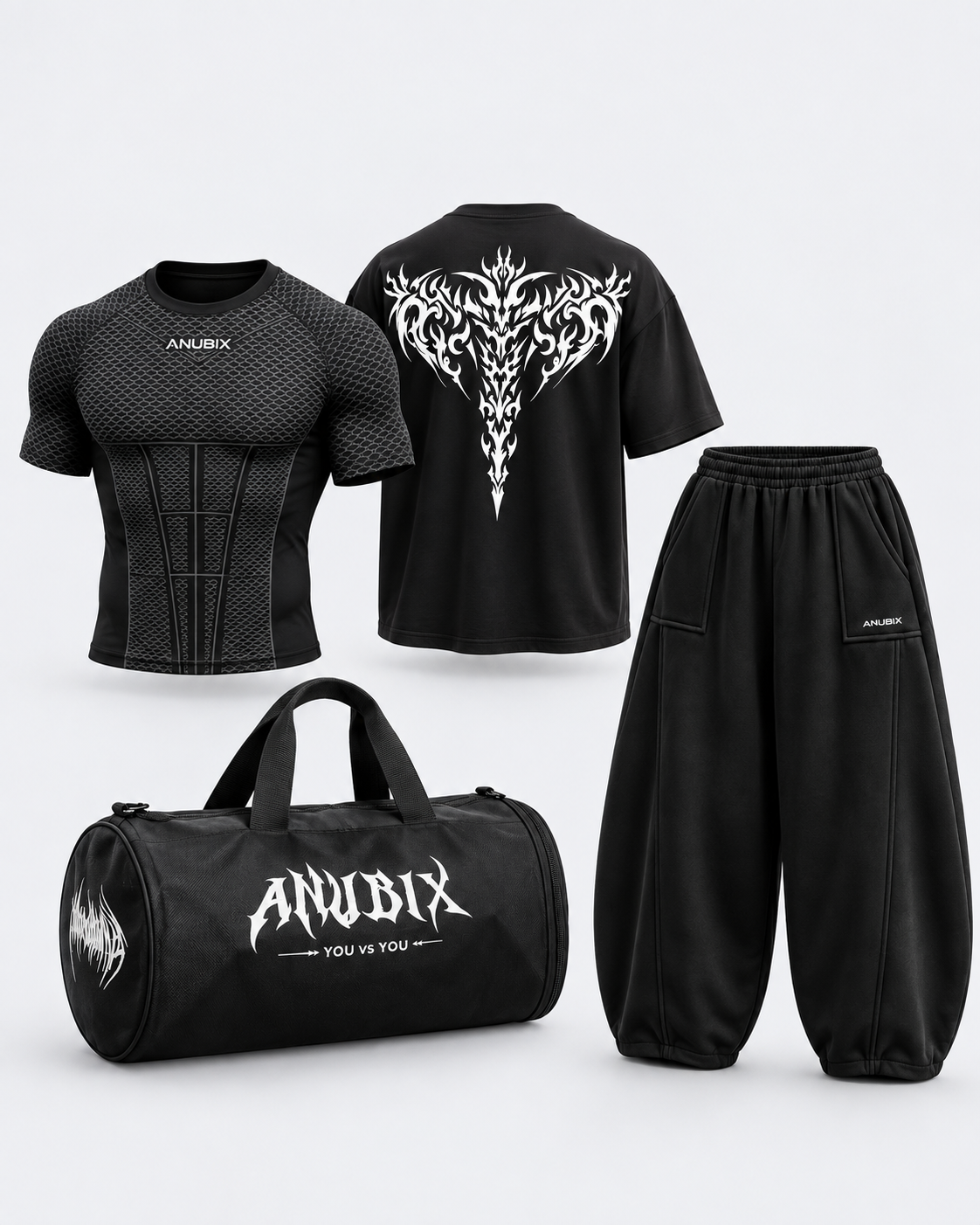 ANUBIX Blackout Complete Kit: BLACK SHORT SLEEVE V1 APEX COMPRESSION, BLACK SHADOW REAPER OVERSIZED Tee, BLACK BALLOON FIT PANT, ANUBIX BASIC BAG. 3D ghost mannequin bundle mockup.