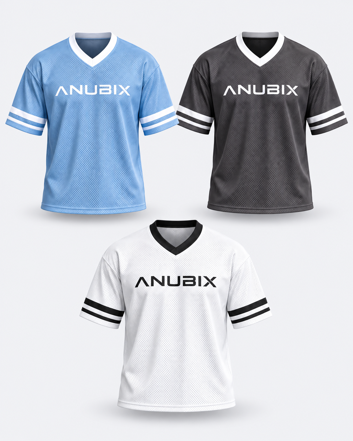ANUBIX Cool Tone Jersey Trio: BABY BLUE JERSY SHIRT, DARK GRAY JERSY SHIRT, WHITE JERSY SHIRT. 3D ghost mannequin bundle mockup.