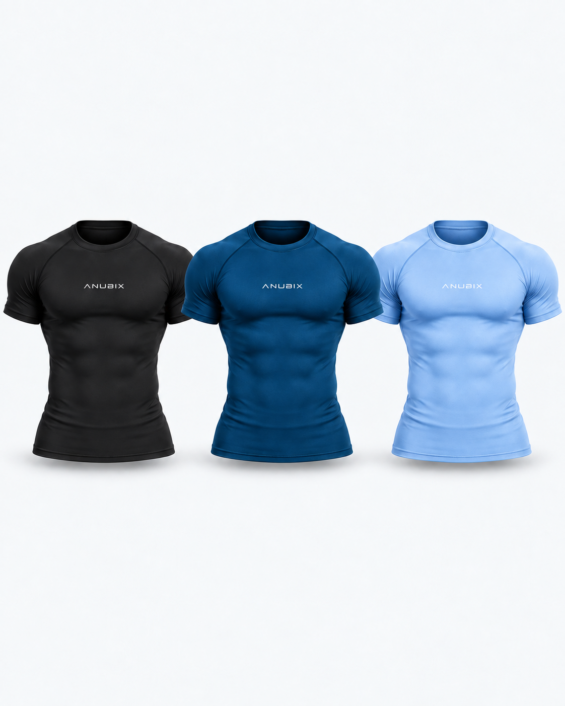 Cool Tones Basic Tee Trio — muscular 3D mockups of all included tees