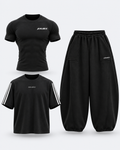 ANUBIX Everyday Black Trio: ANUBIX BLACK BASIC COTTON COMPRESSION, STRIPED BLACK SHIRT, BLACK BALLOON FIT PANT. 3D ghost mannequin bundle mockup.