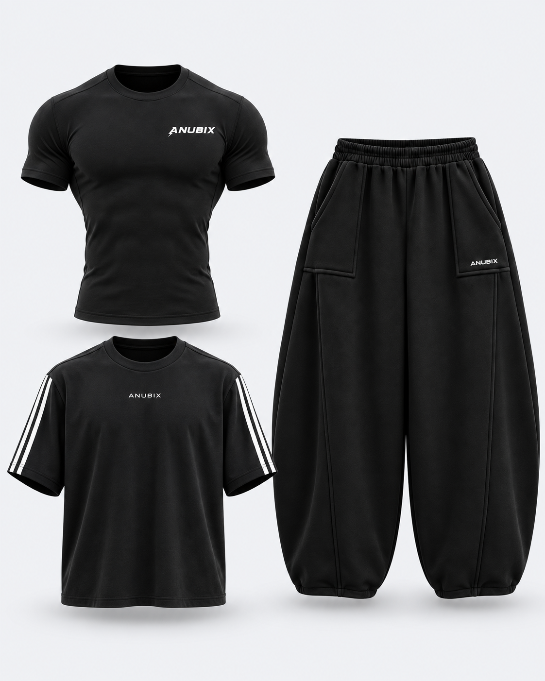ANUBIX Everyday Black Trio: ANUBIX BLACK BASIC COTTON COMPRESSION, STRIPED BLACK SHIRT, BLACK BALLOON FIT PANT. 3D ghost mannequin bundle mockup.