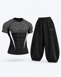 Frost APEX Bundle — WHITE APEX V2 SHORT SLEEVE COMPRESSION and BLACK BALLOON FIT PANT. 3D product mockup.