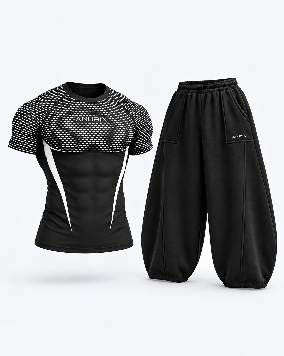 Frost APEX Bundle — WHITE APEX V2 SHORT SLEEVE COMPRESSION and BLACK BALLOON FIT PANT. 3D product mockup.