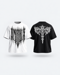 ANUBIX Gothic Contrast Duo: SINGLE WHITE GOTHIC PUMP COVER, BLACK SHADOW REAPER OVERSIZED Tee. 3D ghost mannequin bundle mockup.