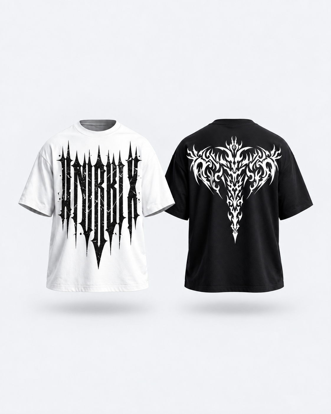 ANUBIX Gothic Contrast Duo: SINGLE WHITE GOTHIC PUMP COVER, BLACK SHADOW REAPER OVERSIZED Tee. 3D ghost mannequin bundle mockup.