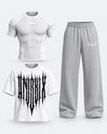 ANUBIX Gothic Steel Trio: WHITE SHORT SLEEVE V1 APEX COMPRESSION, SINGLE WHITE GOTHIC PUMP COVER, SILVER ANUBIX SWEATPANT. 3D ghost mannequin bundle mockup.