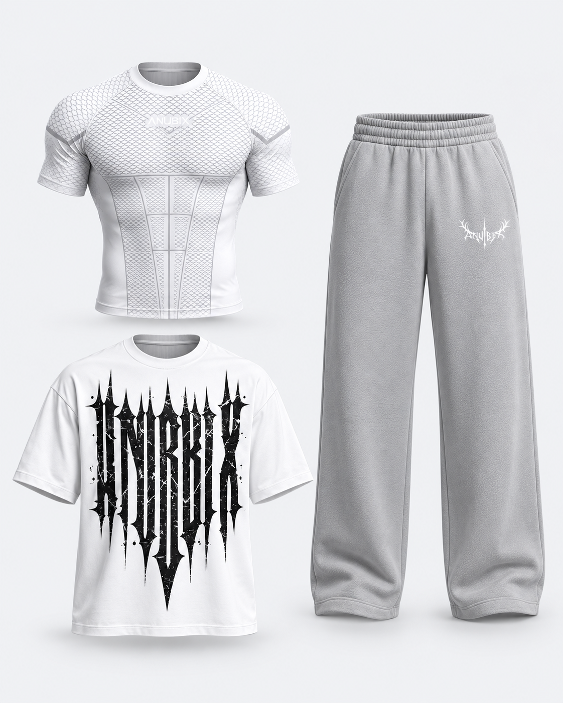 ANUBIX Gothic Steel Trio: WHITE SHORT SLEEVE V1 APEX COMPRESSION, SINGLE WHITE GOTHIC PUMP COVER, SILVER ANUBIX SWEATPANT. 3D ghost mannequin bundle mockup.