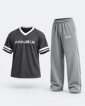 ANUBIX Grey Motion: DARK GRAY JERSY SHIRT, ANUBIX VOID TRACK PANT (Silver). 3D ghost mannequin bundle mockup.