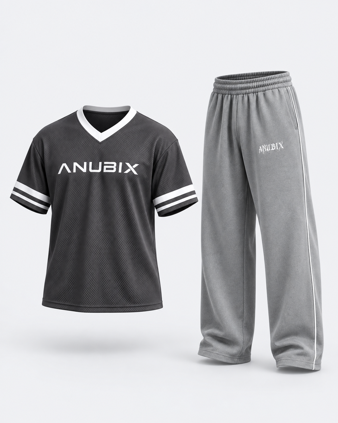ANUBIX Grey Motion: DARK GRAY JERSY SHIRT, ANUBIX VOID TRACK PANT (Silver). 3D ghost mannequin bundle mockup.