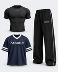 ANUBIX Gym to Street Trio: BLACK SHORT SLEEVE V1 APEX COMPRESSION, NAVY BLUE JERSY SHIRT, ANUBIX VOID TRACK PANT (Black). 3D ghost mannequin bundle mockup.