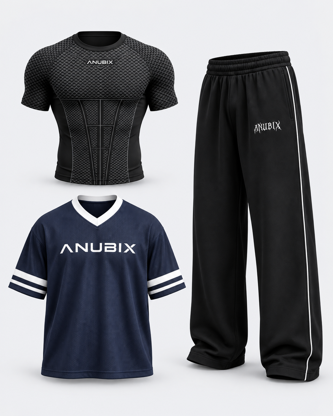 ANUBIX Gym to Street Trio: BLACK SHORT SLEEVE V1 APEX COMPRESSION, NAVY BLUE JERSY SHIRT, ANUBIX VOID TRACK PANT (Black). 3D ghost mannequin bundle mockup.