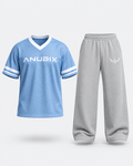 ANUBIX Ice Blue Street: BABY BLUE JERSY SHIRT, SILVER ANUBIX SWEATPANT. 3D ghost mannequin bundle mockup.