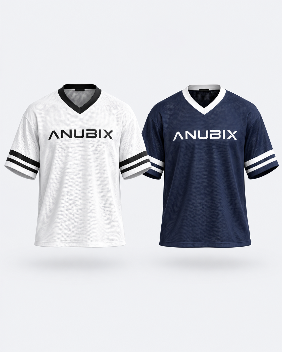 ANUBIX Jersey Essentials Duo: WHITE JERSY SHIRT, NAVY BLUE JERSY SHIRT. 3D ghost mannequin bundle mockup.