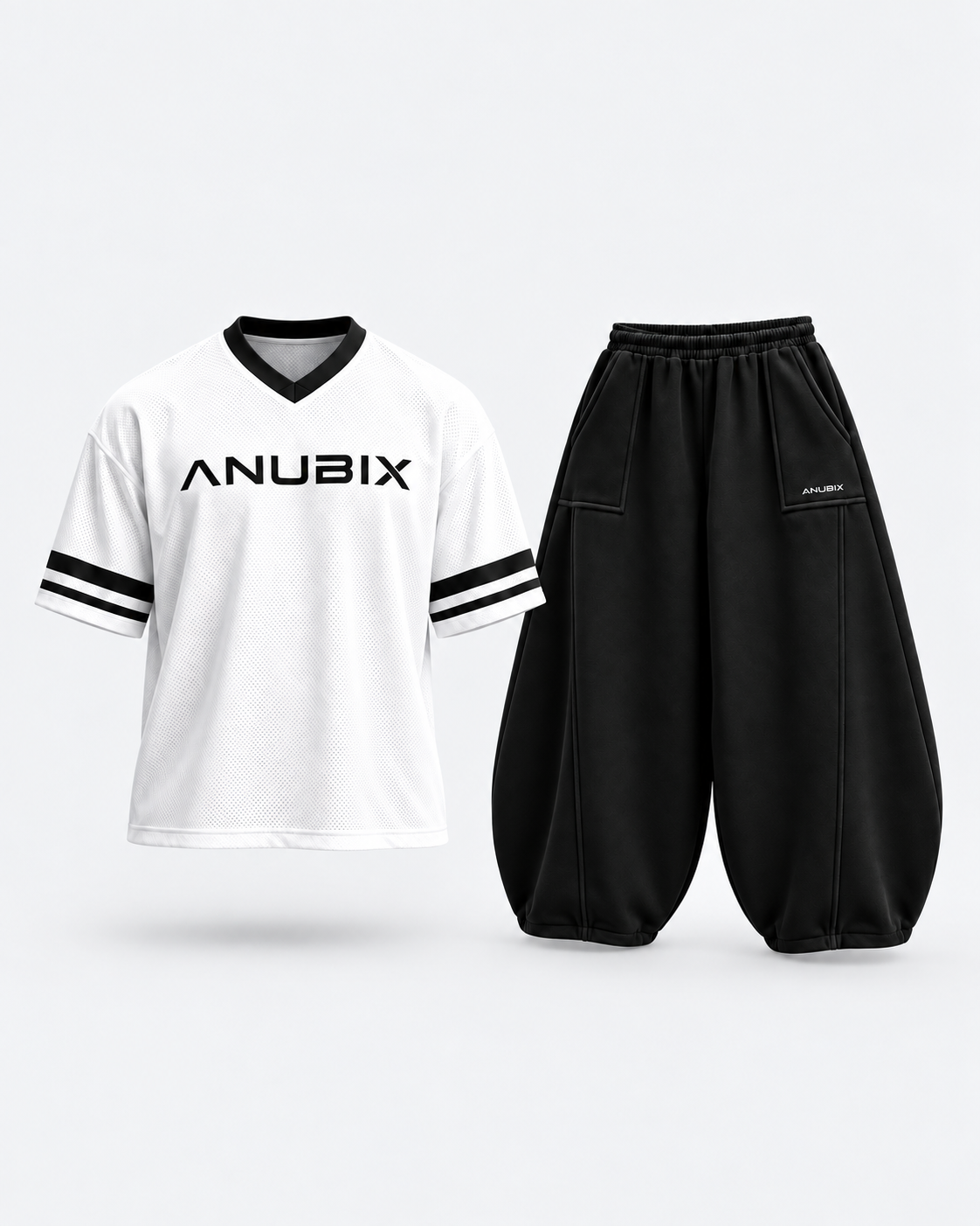 Monochrome Street Bundle — WHITE JERSY SHIRT and BLACK BALLOON FIT PANT. 3D product mockup.