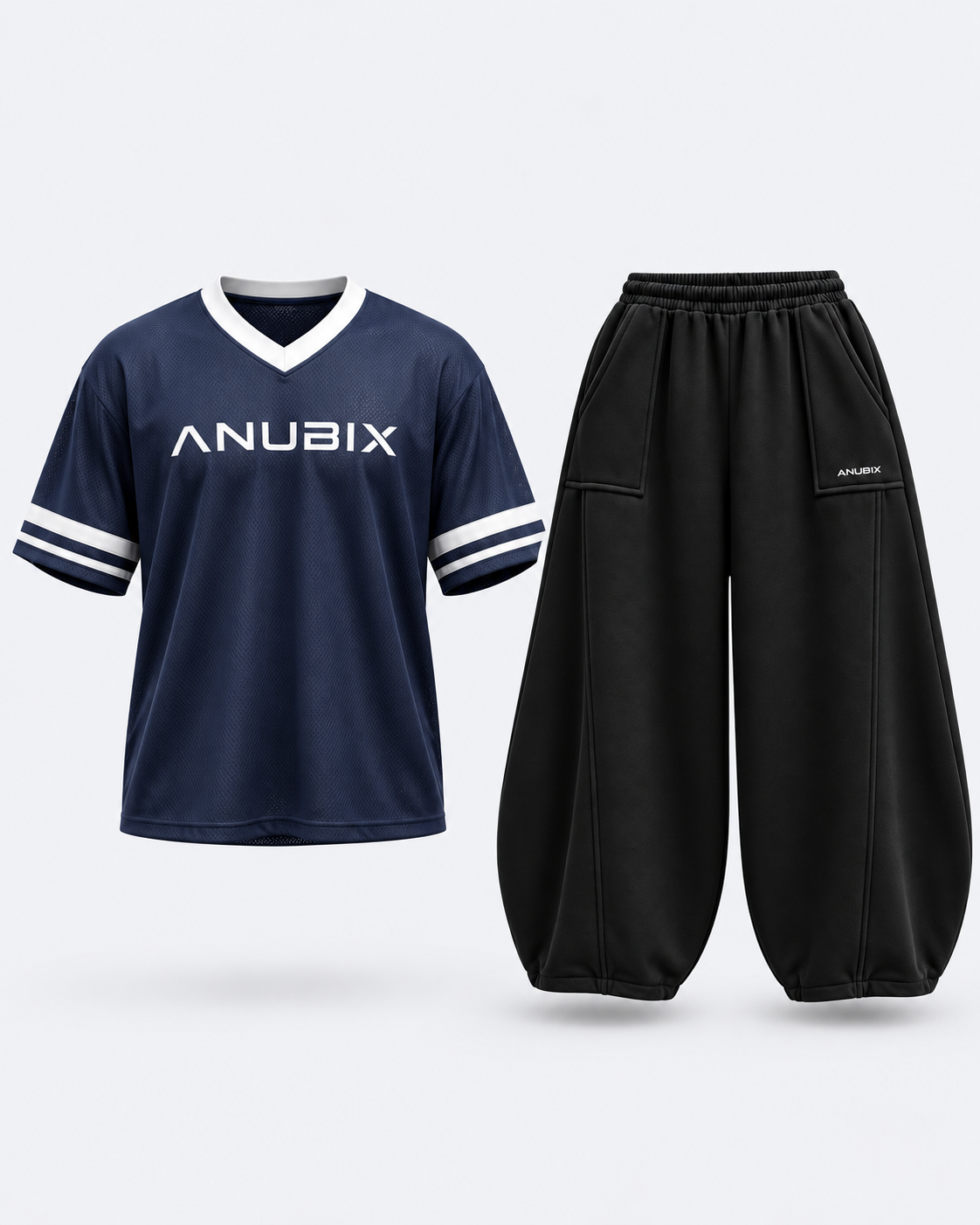 ANUBIX Navy Street: NAVY BLUE JERSY SHIRT, BLACK BALLOON FIT PANT. 3D ghost mannequin bundle mockup.