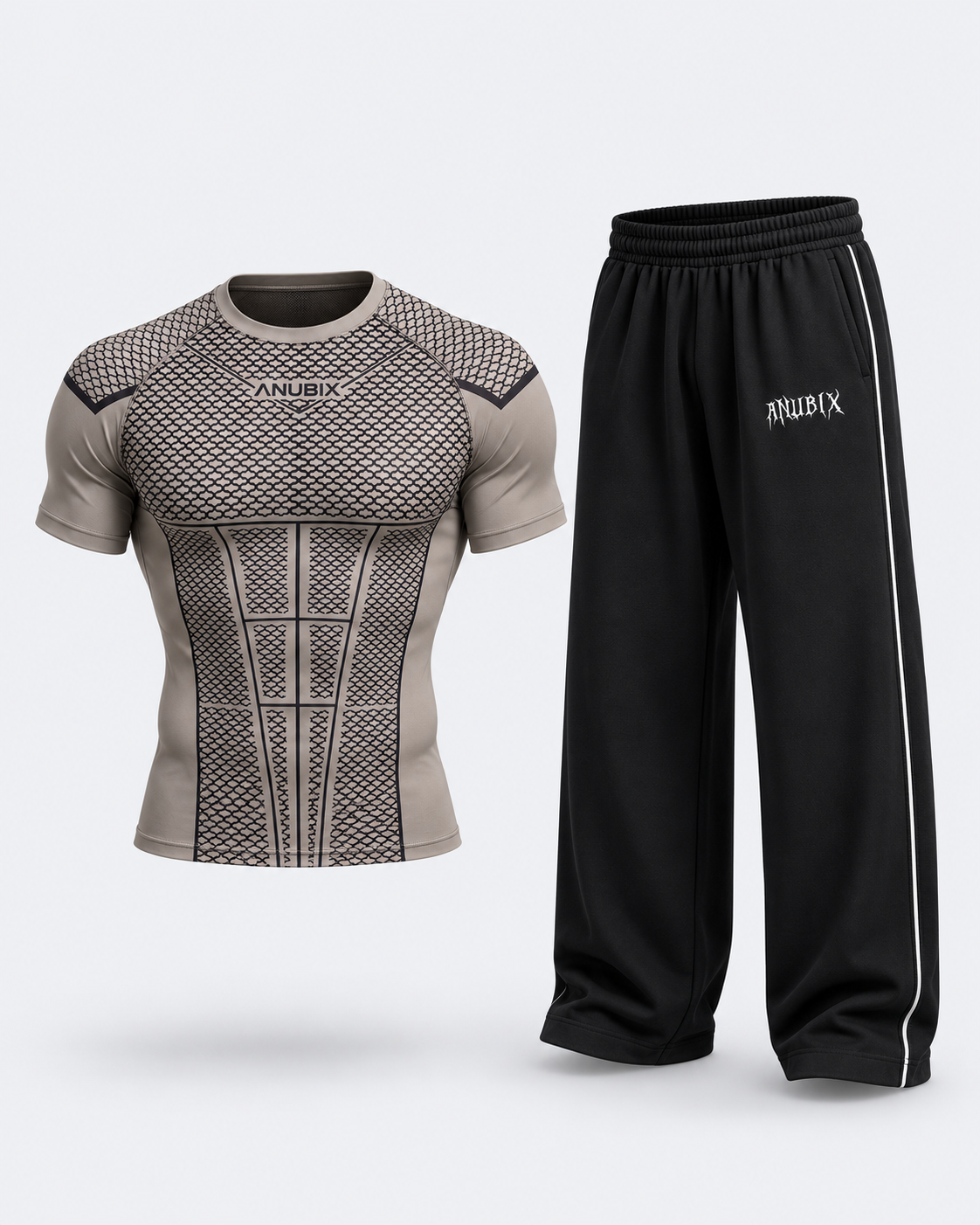 ANUBIX Olive APEX Fit: OLIVE SHORT SLEEVE V1 APEX COMPRESSION, ANUBIX VOID TRACK PANT (Black). 3D ghost mannequin bundle mockup.