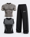 ANUBIX Olive Training Trio: OLIVE SHORT SLEEVE V1 APEX COMPRESSION, BLACK TANK TOP V2 APEX COMPRESSION, ANUBIX VOID TRACK PANT (Black). 3D ghost mannequin bundle mockup.