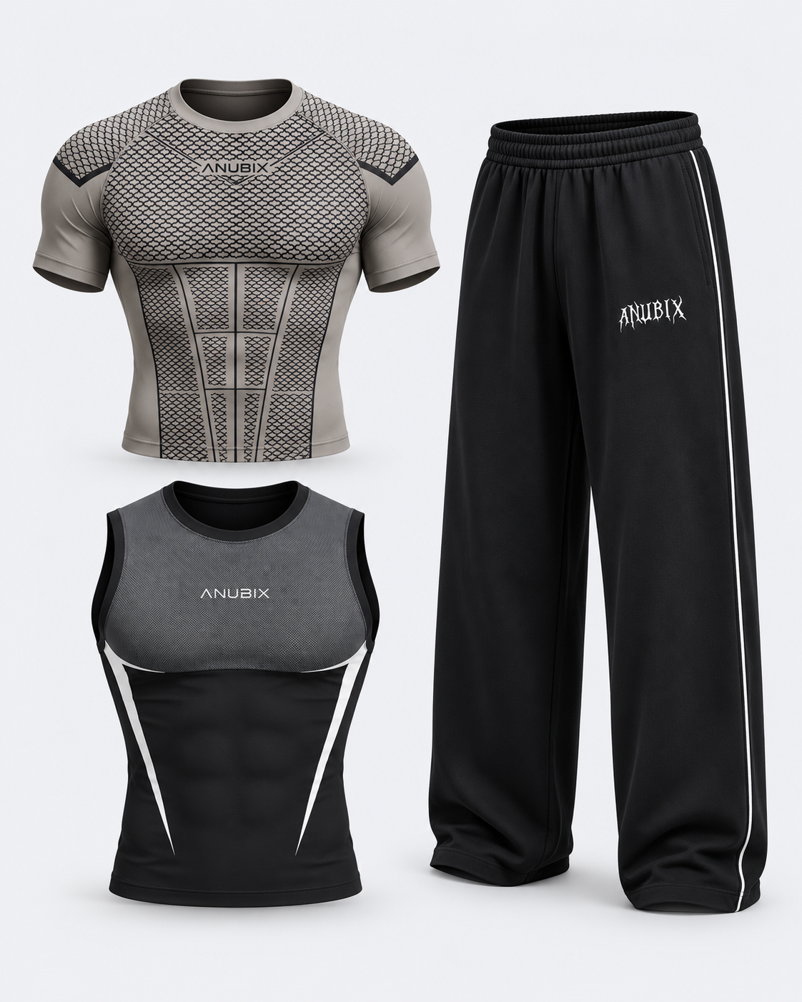 ANUBIX Olive Training Trio: OLIVE SHORT SLEEVE V1 APEX COMPRESSION, BLACK TANK TOP V2 APEX COMPRESSION, ANUBIX VOID TRACK PANT (Black). 3D ghost mannequin bundle mockup.