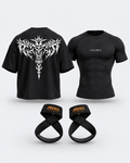 ANUBIX Reaper Lift Kit: BLACK SHADOW REAPER OVERSIZED Tee, BLACK BASIC SHORT SLEEVE COMPRESSION, FIGURE-8-STRAPS (PAIR). 3D ghost mannequin bundle mockup.