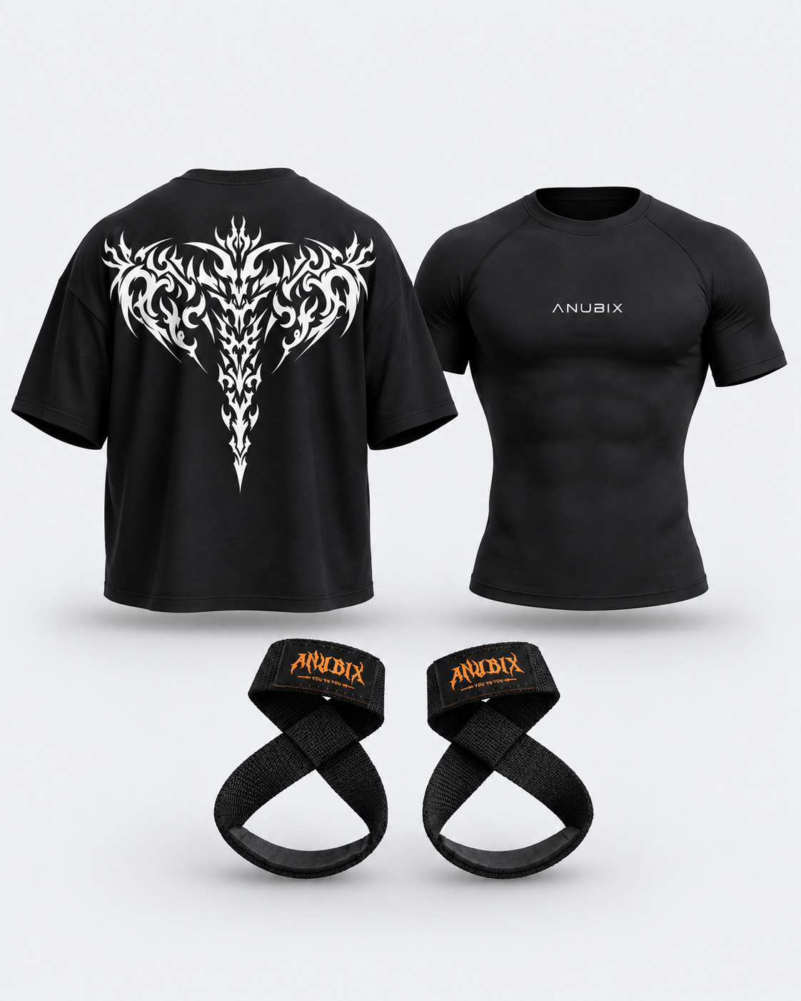 ANUBIX Reaper Lift Kit: BLACK SHADOW REAPER OVERSIZED Tee, BLACK BASIC SHORT SLEEVE COMPRESSION, FIGURE-8-STRAPS (PAIR). 3D ghost mannequin bundle mockup.