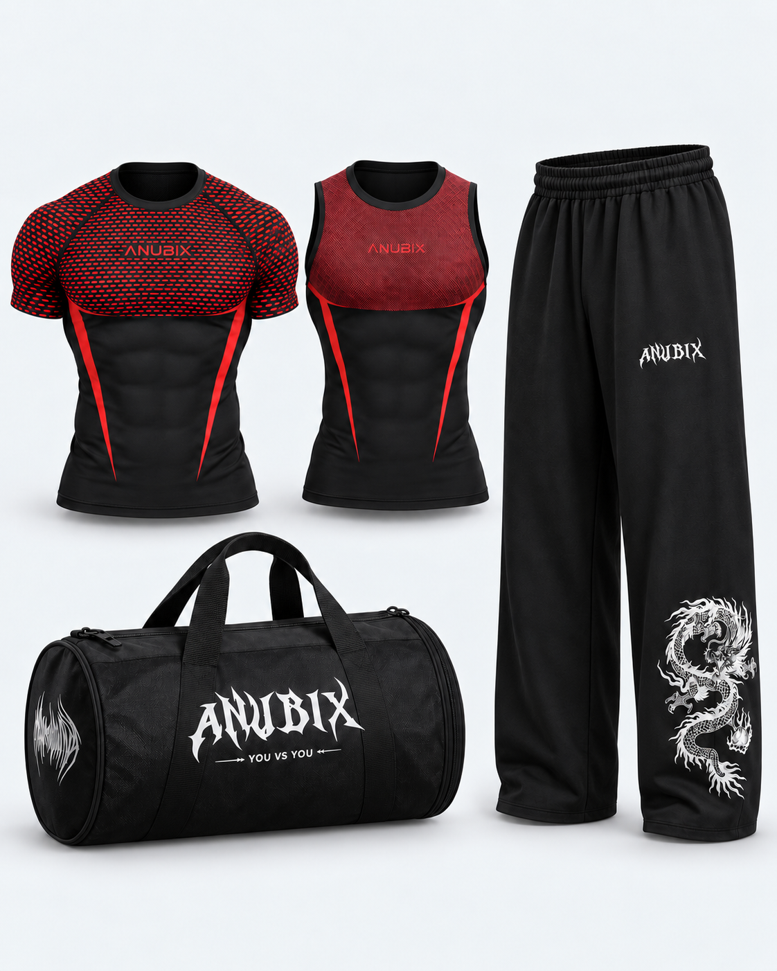 ANUBIX Red APEX Complete Kit: RED APEX V2 SHORT SLEEVE COMPRESSION, RED TANK TOP V2 APEX COMPRESSION, SHADOW PANT, ANUBIX BASIC BAG. 3D ghost mannequin bundle mockup.