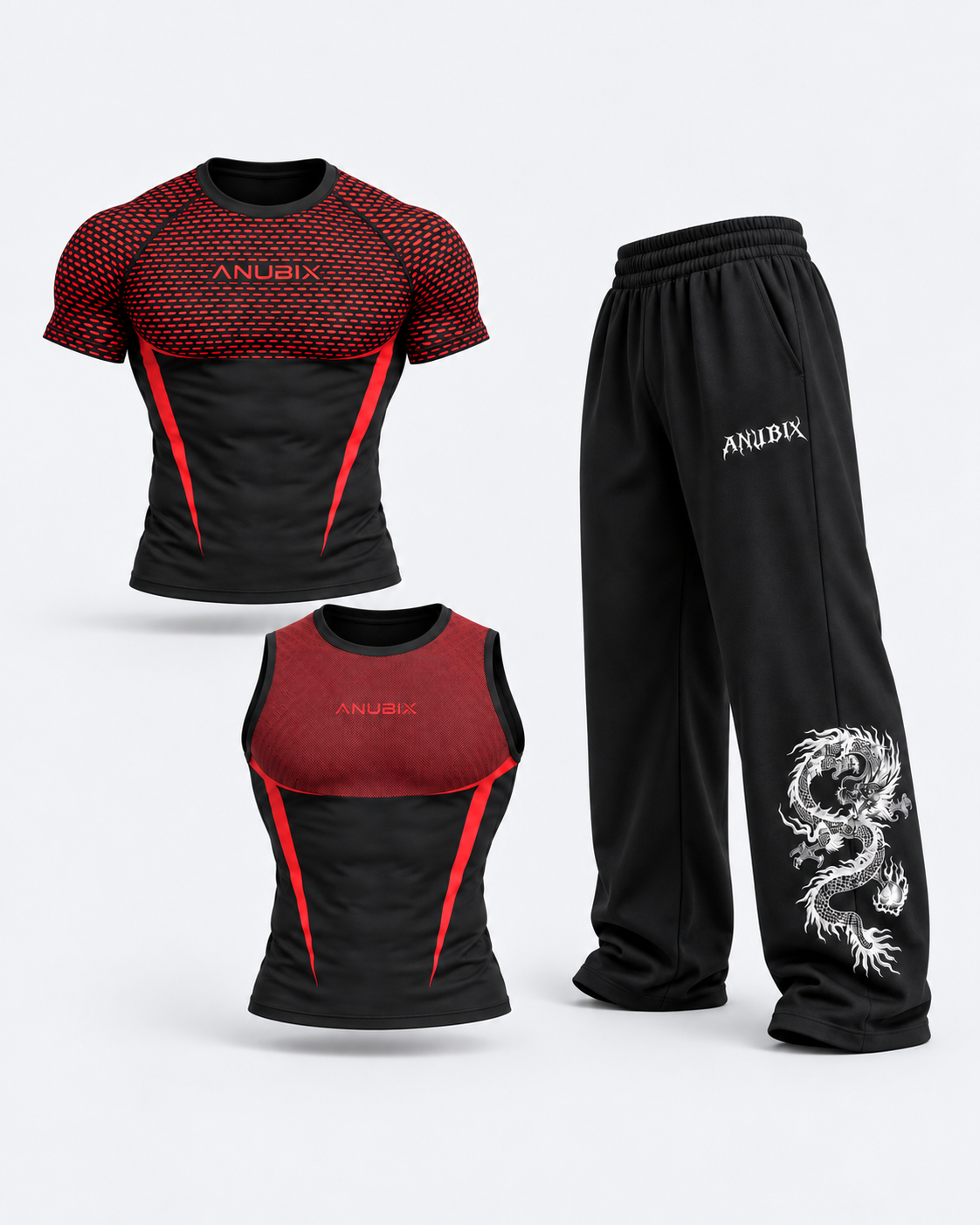 Red APEX Training Trio — RED APEX V2 SHORT SLEEVE COMPRESSION and RED TANK TOP V2 APEX COMPRESSION and SHADOW PANT. 3D product mockup.