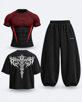 ANUBIX Red Reaper Trio: RED APEX V2 SHORT SLEEVE COMPRESSION, BLACK SHADOW REAPER OVERSIZED Tee, BLACK BALLOON FIT PANT. 3D ghost mannequin bundle mockup.