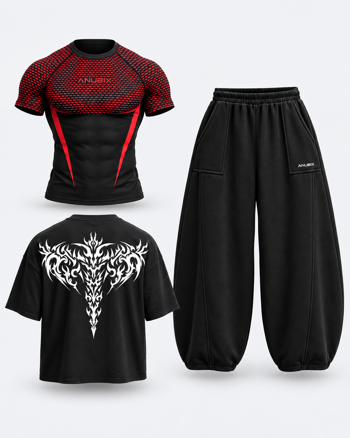 ANUBIX Red Reaper Trio: RED APEX V2 SHORT SLEEVE COMPRESSION, BLACK SHADOW REAPER OVERSIZED Tee, BLACK BALLOON FIT PANT. 3D ghost mannequin bundle mockup.