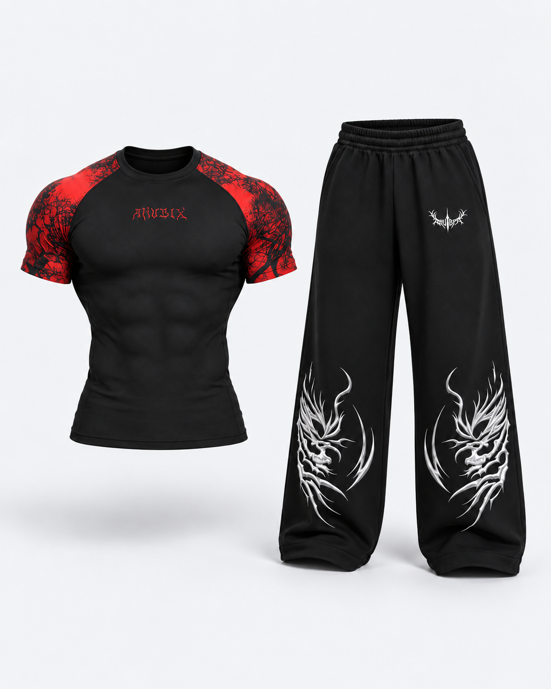Red Veins Training Bundle — RED VEINS SHORT SLEEVE COMPRESSION SHIRT and SHORT BEAM ANUBIX SWEATPANT. 3D product mockup.