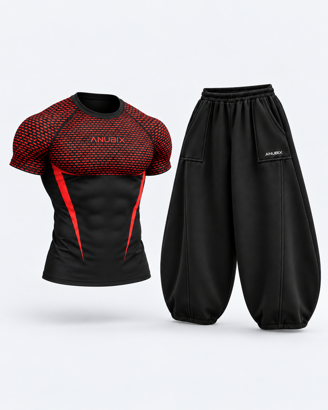 ANUBIX Redline APEX Bundle: red APEX V2 compression shirt and black balloon fit pants in a muscular 3D ghost mannequin mockup.