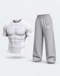 Steel APEX Bundle — WHITE SHORT SLEEVE V1 APEX COMPRESSION and SILVER ANUBIX SWEATPANT. 3D product mockup.