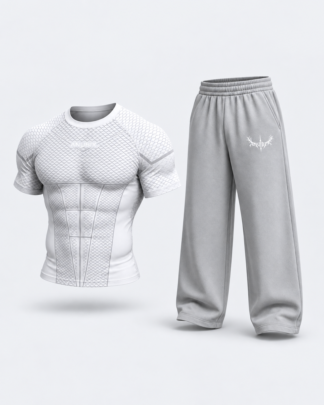 Steel APEX Bundle — WHITE SHORT SLEEVE V1 APEX COMPRESSION and SILVER ANUBIX SWEATPANT. 3D product mockup.