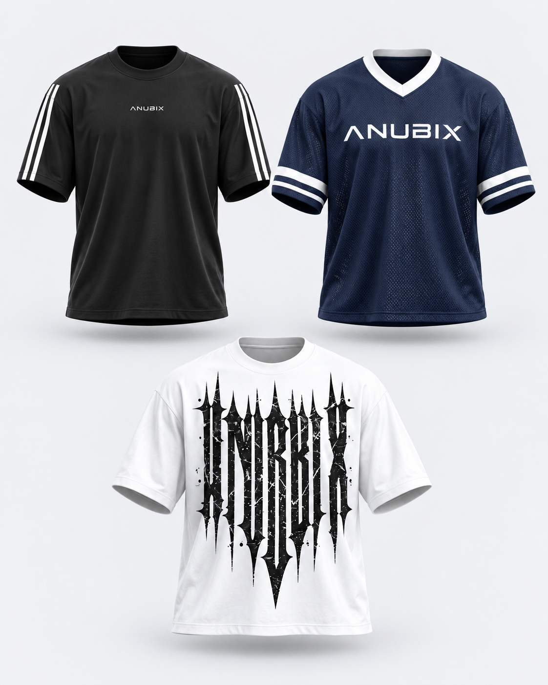 ANUBIX Streetwear Rotation Trio: STRIPED BLACK SHIRT, NAVY BLUE JERSY SHIRT, SINGLE WHITE GOTHIC PUMP COVER. 3D ghost mannequin bundle mockup.