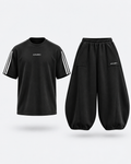 ANUBIX Striped Balloon: STRIPED BLACK SHIRT, BLACK BALLOON FIT PANT. 3D ghost mannequin bundle mockup.