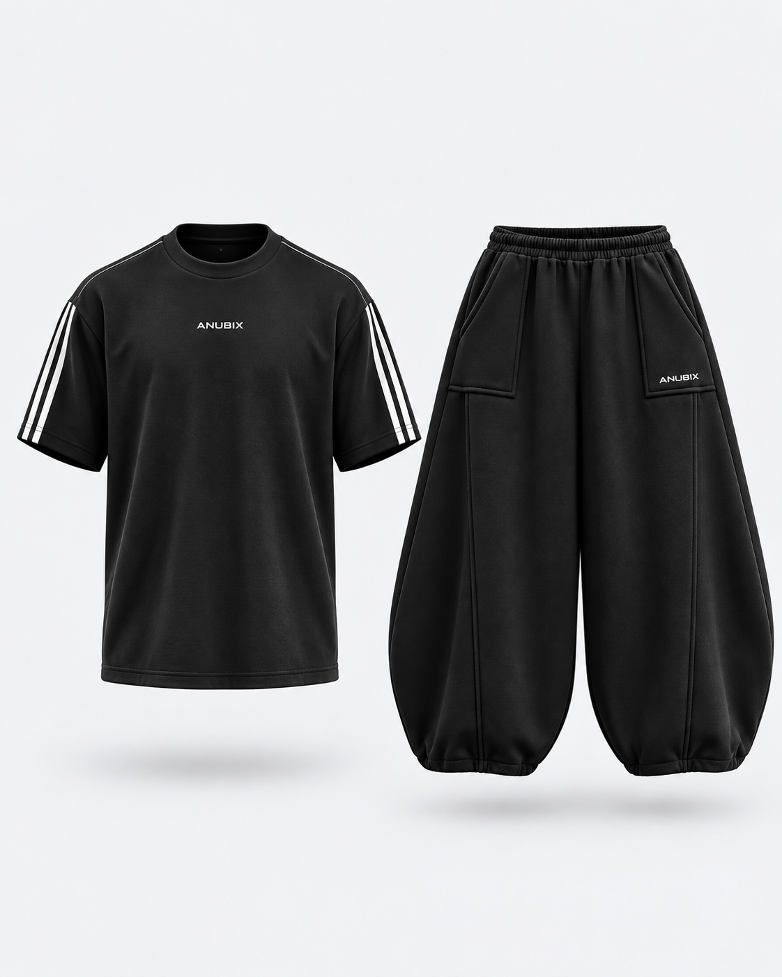 ANUBIX Striped Balloon: STRIPED BLACK SHIRT, BLACK BALLOON FIT PANT. 3D ghost mannequin bundle mockup.