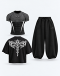White APEX Reaper Trio — WHITE APEX V2 SHORT SLEEVE COMPRESSION and BLACK SHADOW REAPER OVERSIZED Tee and BLACK BALLOON FIT PANT. 3D product mockup.