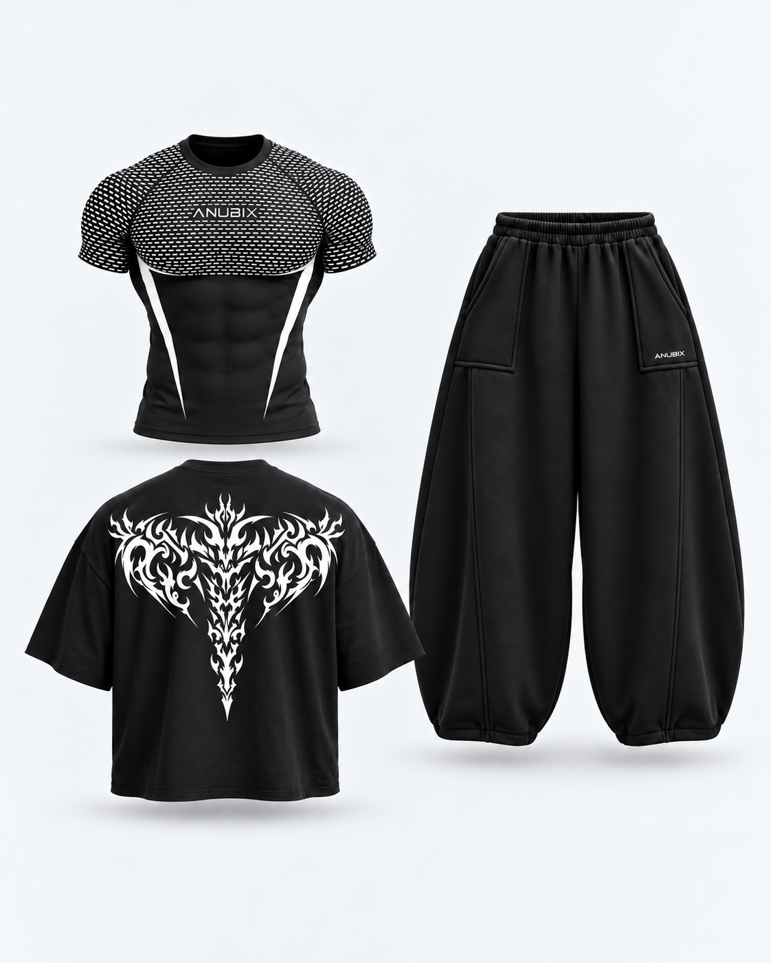 White APEX Reaper Trio — WHITE APEX V2 SHORT SLEEVE COMPRESSION and BLACK SHADOW REAPER OVERSIZED Tee and BLACK BALLOON FIT PANT. 3D product mockup.