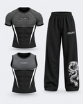 ANUBIX White APEX Shadow Trio: WHITE APEX V2 SHORT SLEEVE COMPRESSION, BLACK TANK TOP V2 APEX COMPRESSION, SHADOW PANT. 3D ghost mannequin bundle mockup.