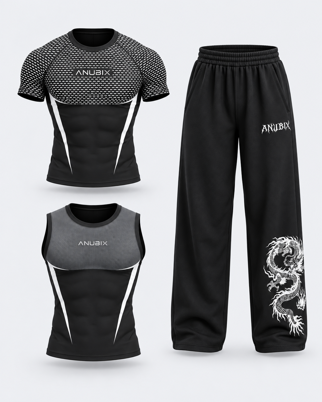 ANUBIX White APEX Shadow Trio: WHITE APEX V2 SHORT SLEEVE COMPRESSION, BLACK TANK TOP V2 APEX COMPRESSION, SHADOW PANT. 3D ghost mannequin bundle mockup.